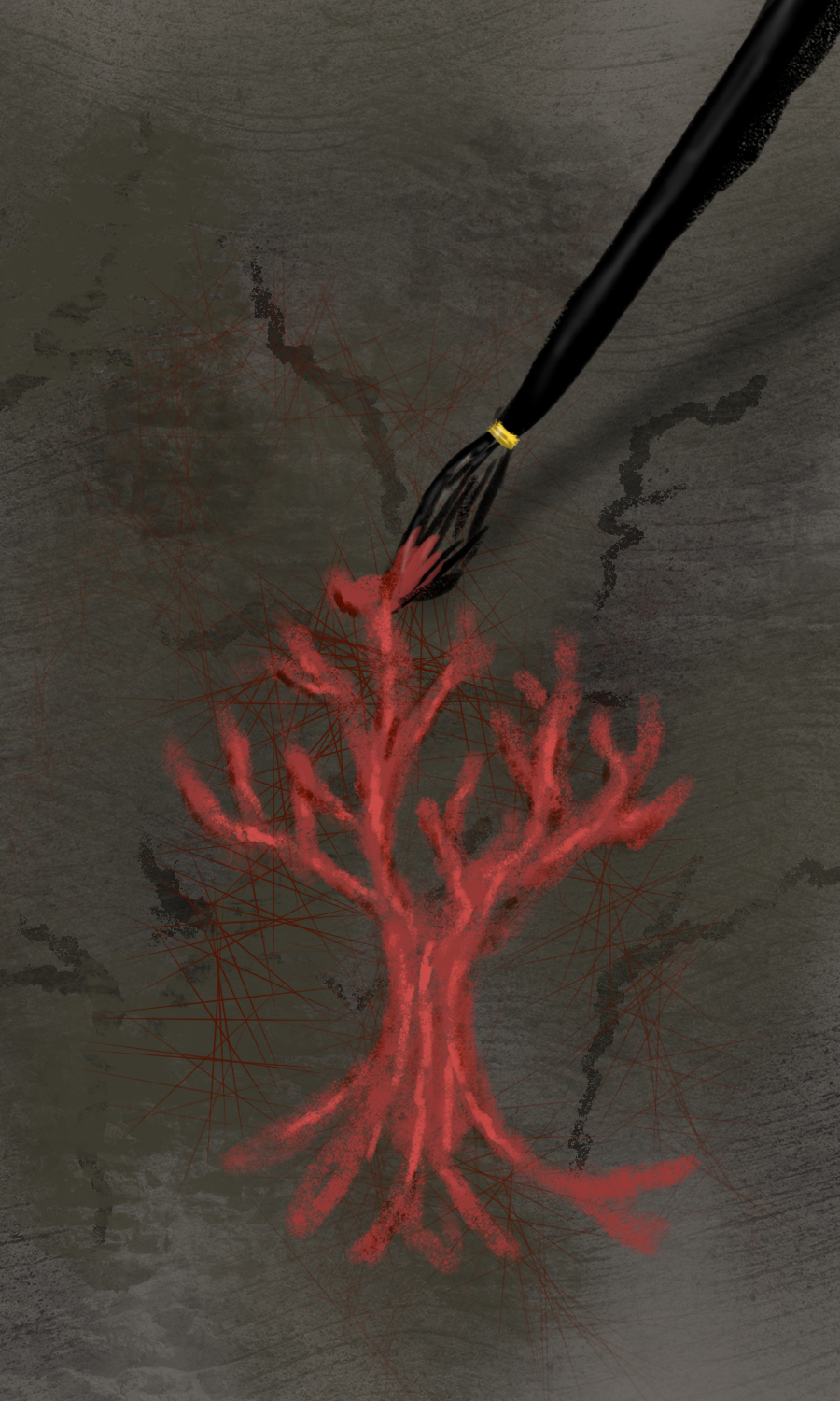 The front of a prayer card. A paintbrush laden with rust-red ink paints on a worn concrete background. It pains an image of a tree, roots reaching down and branches stretching up.